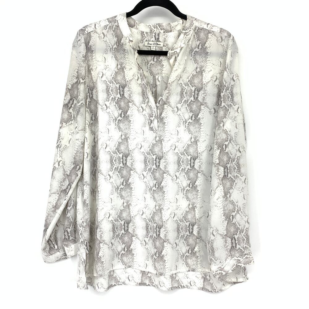 Emma & Olivia Popover Long Sleeve Split Neck Blouse Sz L White Gray Snake Print